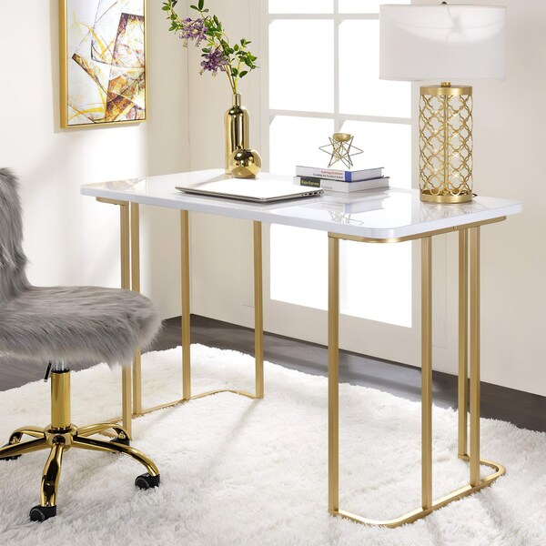 Acme Wooden Top Writing Desk with Metal Sled Base in White and Gold - ER-099WH
