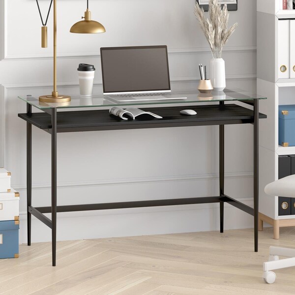 Henn & Hart Eaton 46 in. Blackened Bronze Desk with Black Woodgrain Shelf - OF0645