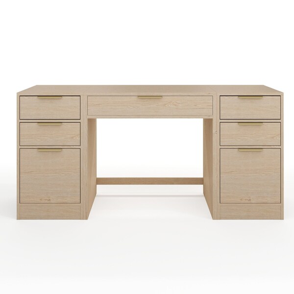 Martha Stewart Kayden Single-Drawer Desk w/Dual 3 Drawer File Cabinets in Light Natural w/Brushed Gold Hardware - KHO-23042-TBFC2-LNT-GLD-MS