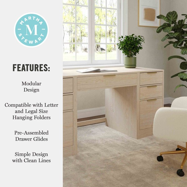 Martha Stewart Kayden Single-Drawer Desk w/Dual 3 Drawer File Cabinets in Light Natural w/Brushed Gold Hardware - KHO-23042-TBFC2-LNT-GLD-MS