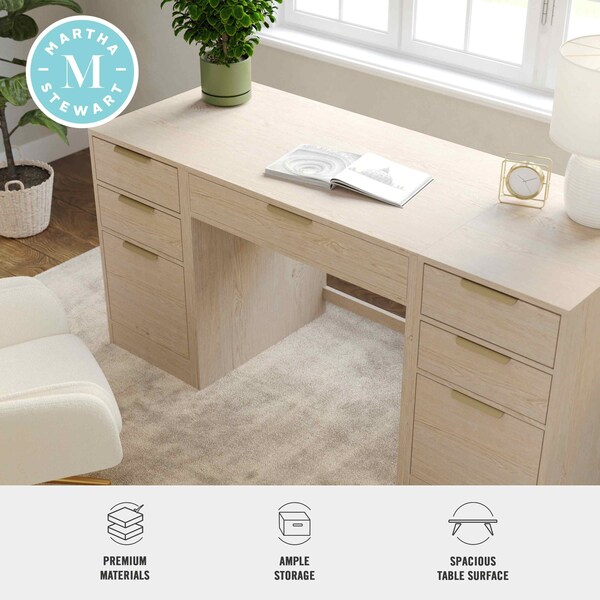 Martha Stewart Kayden Single-Drawer Desk w/Dual 3 Drawer File Cabinets in Light Natural w/Brushed Gold Hardware - KHO-23042-TBFC2-LNT-GLD-MS