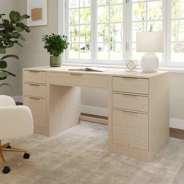 Martha Stewart Kayden Single-Drawer Desk w/Dual 3 Drawer File Cabinets in Light Natural w/Brushed Gold Hardware - KHO-23042-TBFC2-LNT-GLD-MS