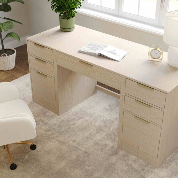 Martha Stewart Kayden Single-Drawer Desk w/Dual 3 Drawer File Cabinets in Light Natural w/Brushed Gold Hardware - KHO-23042-TBFC2-LNT-GLD-MS