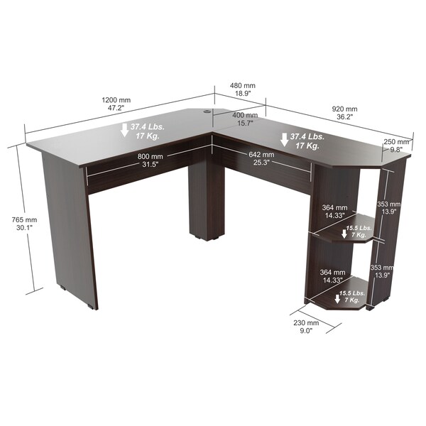 Inval Writing Desk 47.2 in. W L-Shaped Espresso with Storage - ET-4115
