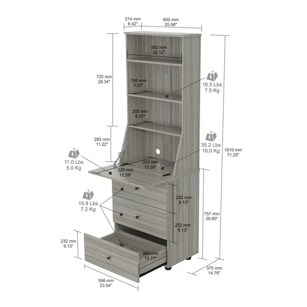 Inval Computer Credenza WorkCentre 71.1 in. H 3-Drawer in Smoke Oak - CE-7501