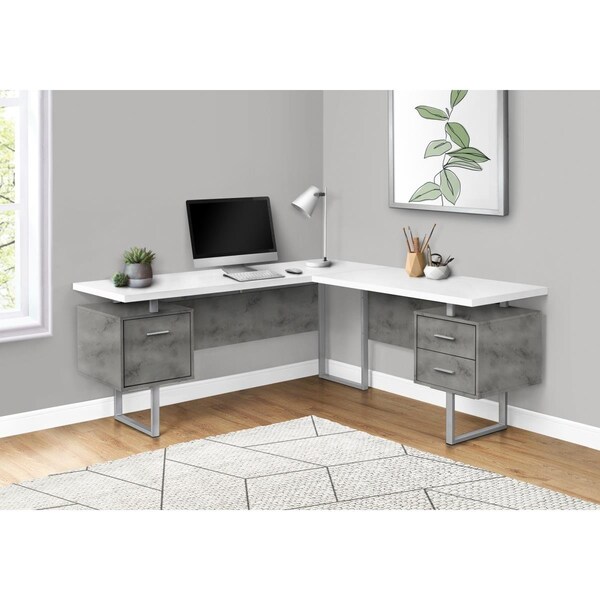 Daphnes Dinnette 70 in. Left & Right Metal Computer Desk White Concrete - Silver - DA3061489