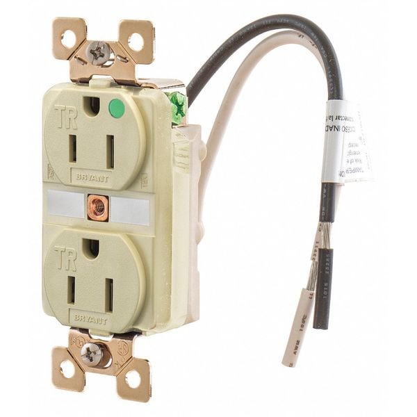 Zoro Select Receptacle, 15 A Amps, 125V AC, Flush Mount, Standard Duplex Outlet, 5-15R, Ivory - BRY8200ITR