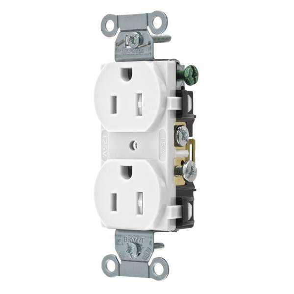 Zoro Select Receptacle, 15 A Amps, 125V AC, Flush Mount, Standard Duplex Outlet, 5-15R, White - CRS15WTR