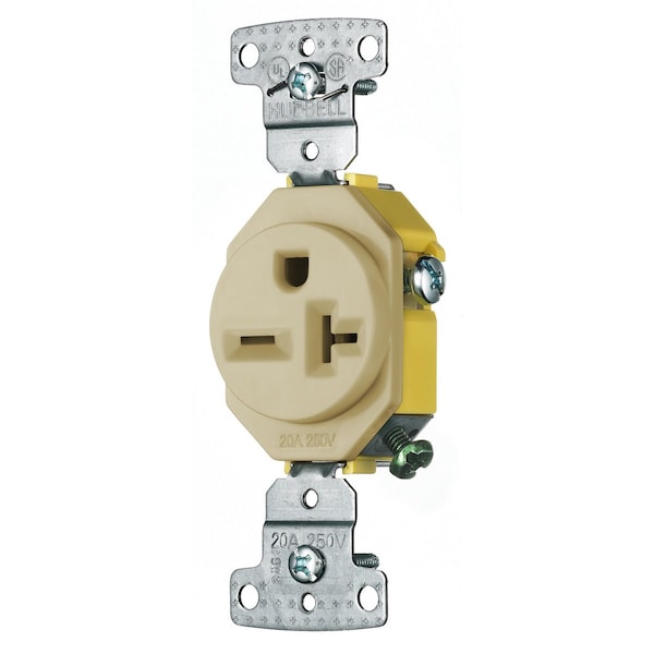 Hubbell Wiring Device-Kellems TradeSelect, Straight Blade Devices, Residential Grade, Receptacles, Single, 20A 250V, 2-Pole 3-Wire Grounding, 6-20R, Self Grounding, Ivory - RR205I