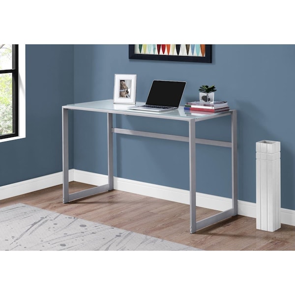 Gfancy Fixtures 30 in. Silver Metal & White Tempered Glass Computer Desk - GF3703423