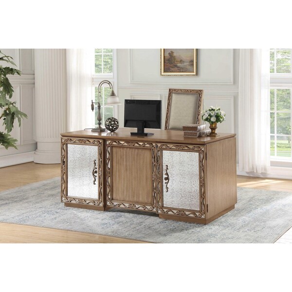 Homeroots 32 x 66 x 30 in. Antique Gold Wood Glass Mirror Executive Desk - 348660