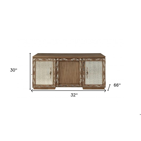 Homeroots 32 x 66 x 30 in. Antique Gold Wood Glass Mirror Executive Desk - 348660