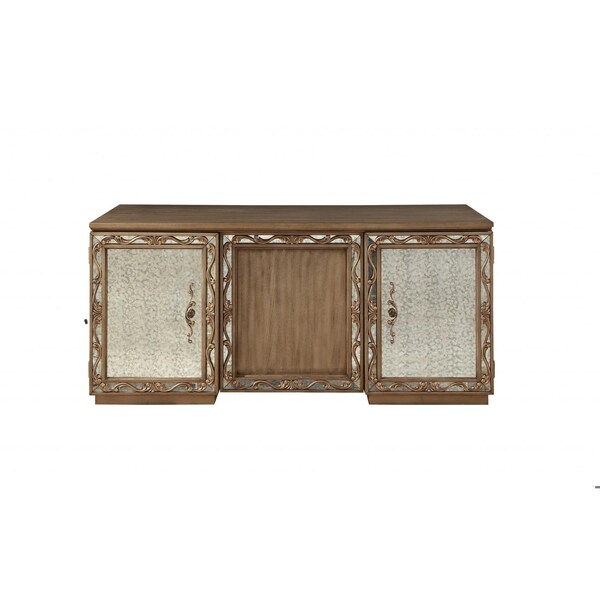 Homeroots 32 x 66 x 30 in. Antique Gold Wood Glass Mirror Executive Desk - 348660