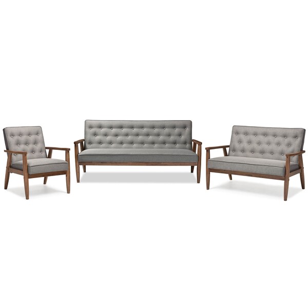 Baxton Studio Sorrento Grey Upholstered Wooden 3 Piece Living room Set - 122-6766-6769-6772