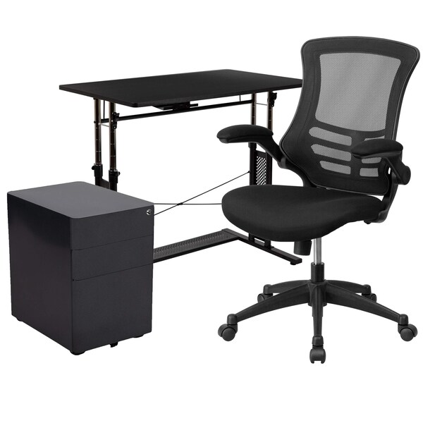 Flash Furniture Black Desk, Chair, Cabinet Set - BLN-NAN21CPX5L-BK-GG