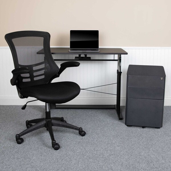 Flash Furniture Black Desk, Chair, Cabinet Set - BLN-NAN21CPX5L-BK-GG