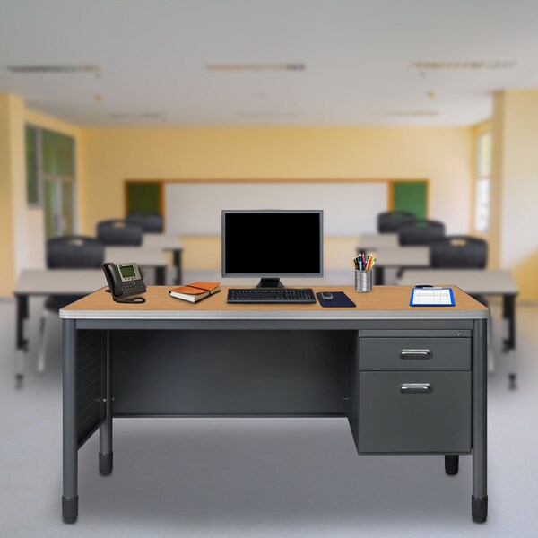 Regency Mesa Steel Single Pedestal Teacher's Office  Desk with 60'' x 30'', Medium Oak - 66366SPMO