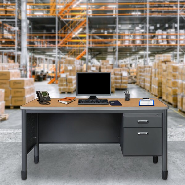 Regency Mesa Steel Single Pedestal Teacher's Office  Desk with 60'' x 30'', Medium Oak - 66366SPMO