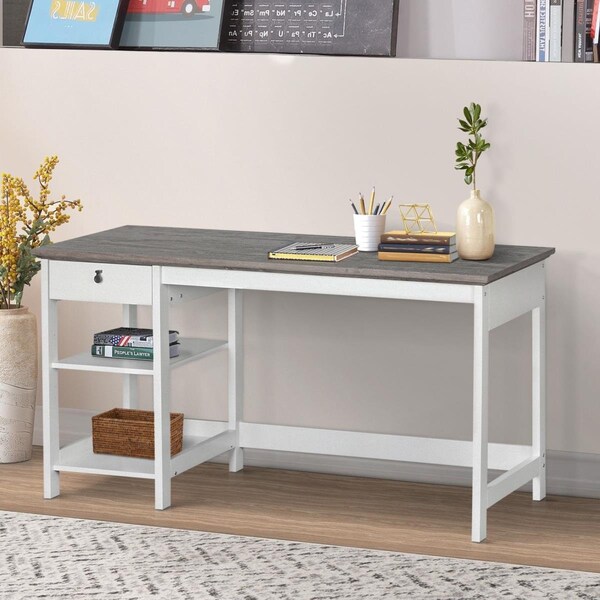 Kd Etagere Finley Writing Desk - White & Gray Oak - 59 x 23.5 x 30 in. - KD3740788
