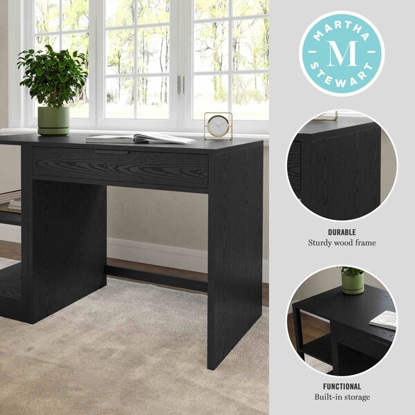 Martha Stewart Kayden Single-Drawer Desk w/2 Tier Shelf in Black w/Oil Rubbed Bronze Hardware - KHO-23042-TBSF-BK-BK-MS