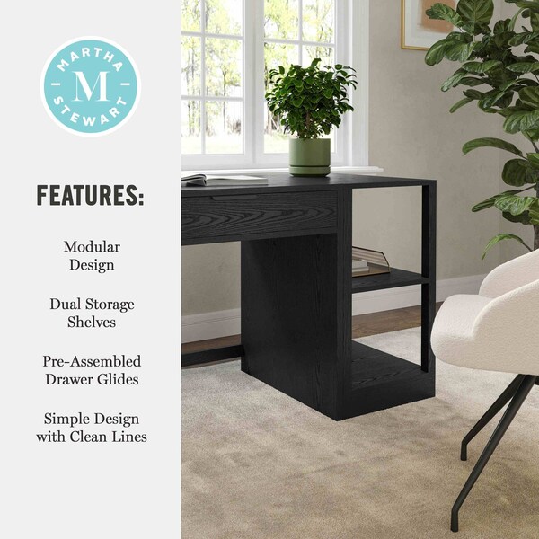 Martha Stewart Kayden Single-Drawer Desk w/2 Tier Shelf in Black w/Oil Rubbed Bronze Hardware - KHO-23042-TBSF-BK-BK-MS