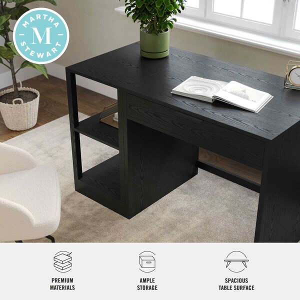 Martha Stewart Kayden Single-Drawer Desk w/2 Tier Shelf in Black w/Oil Rubbed Bronze Hardware - KHO-23042-TBSF-BK-BK-MS