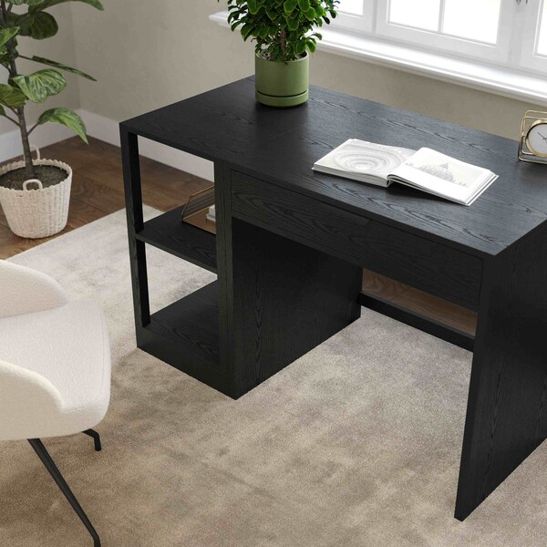 Martha Stewart Kayden Single-Drawer Desk w/2 Tier Shelf in Black w/Oil Rubbed Bronze Hardware - KHO-23042-TBSF-BK-BK-MS