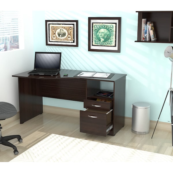 Inval Curved Top Desk 55.21 in. W Espresso Rectangular 2 -Drawer with File Storage - ES-2203