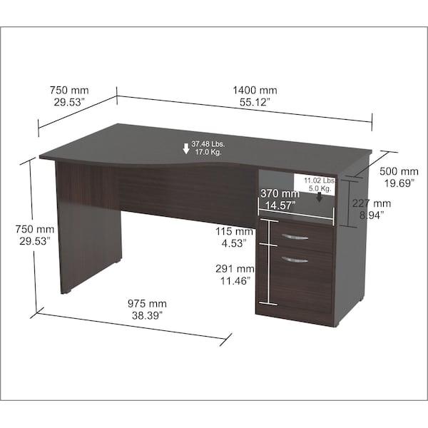 Inval Curved Top Desk 55.21 in. W Espresso Rectangular 2 -Drawer with File Storage - ES-2203
