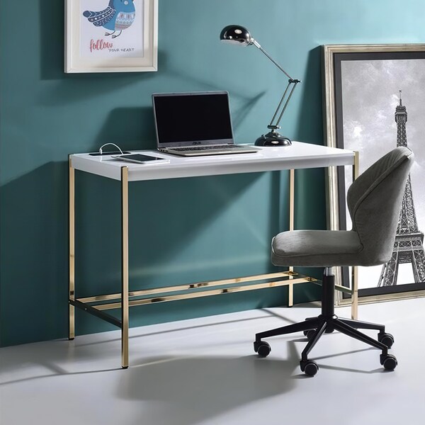Acme Wooden Top Writing Desk with USB Port in White and Gold - ER-0280WH