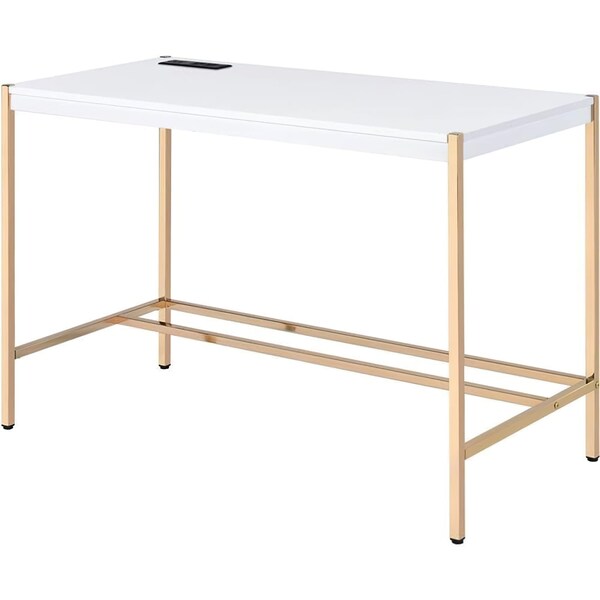 Acme Wooden Top Writing Desk with USB Port in White and Gold - ER-0280WH