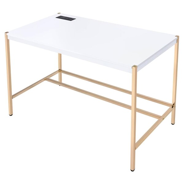 Acme Wooden Top Writing Desk with USB Port in White and Gold - ER-0280WH