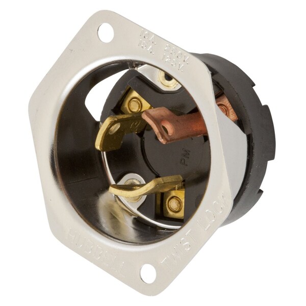 Hubbell Wiring Device-Kellems Locking Devices, Twist-Lock®, Industrial, Flanged Inlet, 10A 250V/15A 125V, 3-Pole 3-Wire Non Grounding, Non-NEMA, Screw Terminal, Steel - HBL7556