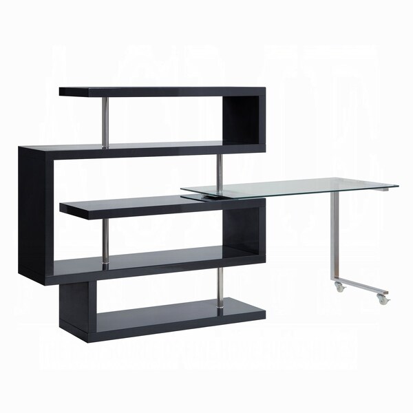 Acme Glass Top Writing Desk in Chrome and Black High Gloss - ER-0253BK