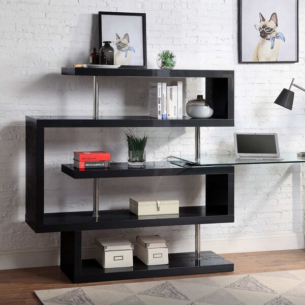 Acme Glass Top Writing Desk in Chrome and Black High Gloss - ER-0253BK