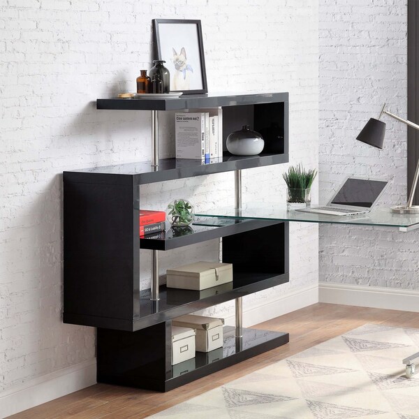 Acme Glass Top Writing Desk in Chrome and Black High Gloss - ER-0253BK