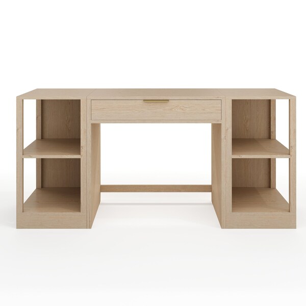 Martha Stewart Kayden Single-Drawer Desk w/Dual 2 Tier Shelves in Light Natural w/Brushed Gold Hardware - KHO-23042-TBSF2-LNT-GLD-MS