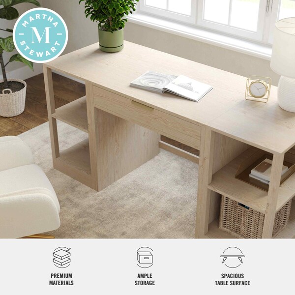 Martha Stewart Kayden Single-Drawer Desk w/Dual 2 Tier Shelves in Light Natural w/Brushed Gold Hardware - KHO-23042-TBSF2-LNT-GLD-MS