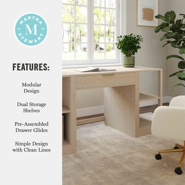 Martha Stewart Kayden Single-Drawer Desk w/Dual 2 Tier Shelves in Light Natural w/Brushed Gold Hardware - KHO-23042-TBSF2-LNT-GLD-MS