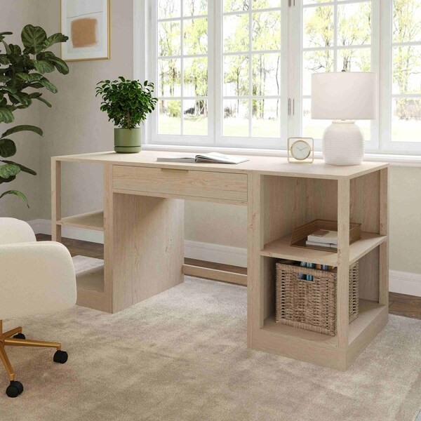 Martha Stewart Kayden Single-Drawer Desk w/Dual 2 Tier Shelves in Light Natural w/Brushed Gold Hardware - KHO-23042-TBSF2-LNT-GLD-MS