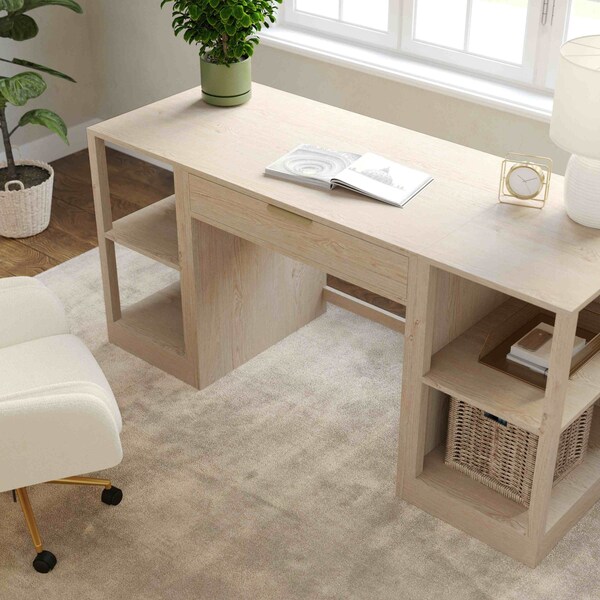 Martha Stewart Kayden Single-Drawer Desk w/Dual 2 Tier Shelves in Light Natural w/Brushed Gold Hardware - KHO-23042-TBSF2-LNT-GLD-MS