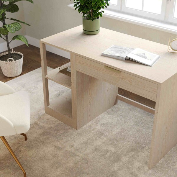 Martha Stewart Kayden Single-Drawer Desk w/2 Tier Shelf in Light Natural w/Brushed Gold Hardware - KHO-23042-TBSF-LNT-GLD-MS