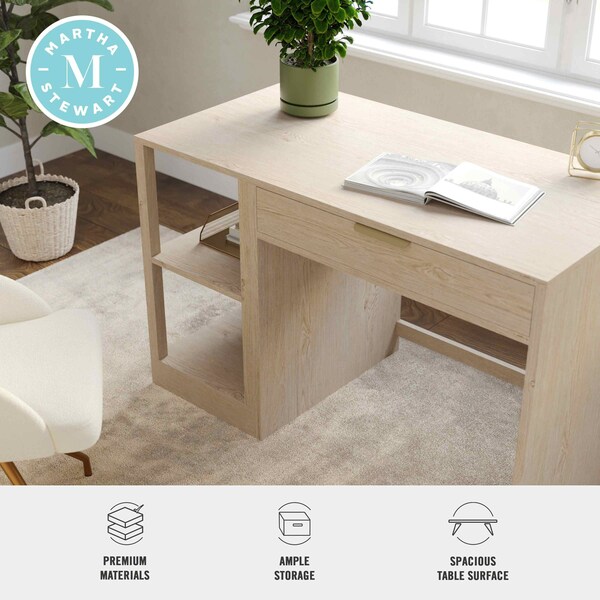 Martha Stewart Kayden Single-Drawer Desk w/2 Tier Shelf in Light Natural w/Brushed Gold Hardware - KHO-23042-TBSF-LNT-GLD-MS