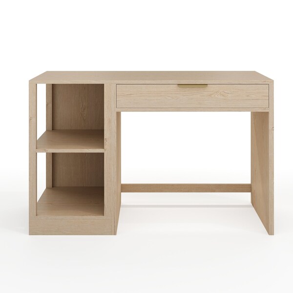 Martha Stewart Kayden Single-Drawer Desk w/2 Tier Shelf in Light Natural w/Brushed Gold Hardware - KHO-23042-TBSF-LNT-GLD-MS