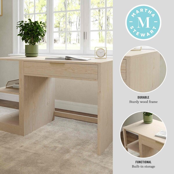 Martha Stewart Kayden Single-Drawer Desk w/2 Tier Shelf in Light Natural w/Brushed Gold Hardware - KHO-23042-TBSF-LNT-GLD-MS