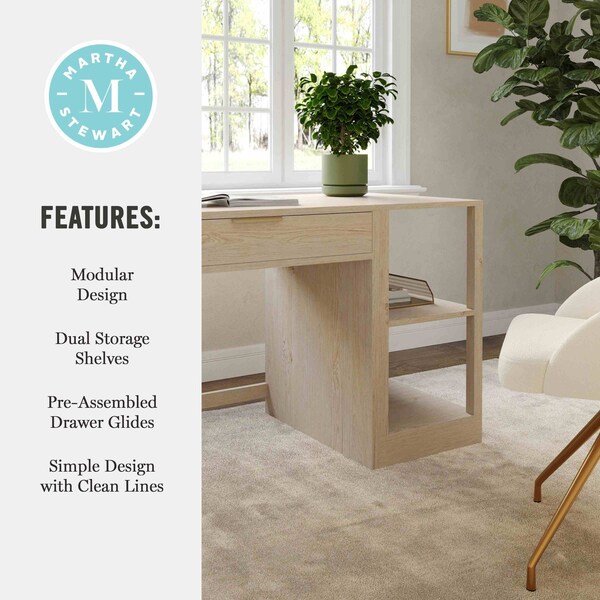 Martha Stewart Kayden Single-Drawer Desk w/2 Tier Shelf in Light Natural w/Brushed Gold Hardware - KHO-23042-TBSF-LNT-GLD-MS