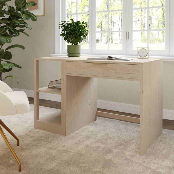 Martha Stewart Kayden Single-Drawer Desk w/2 Tier Shelf in Light Natural w/Brushed Gold Hardware - KHO-23042-TBSF-LNT-GLD-MS