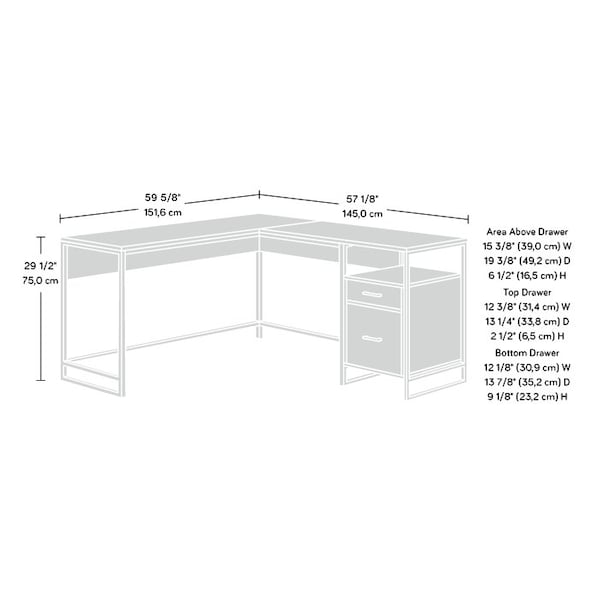 Sauder L-Desk, 57.09 in D X 29.53 in H, 59.68 in W X Engineered wood, Metal - 427968