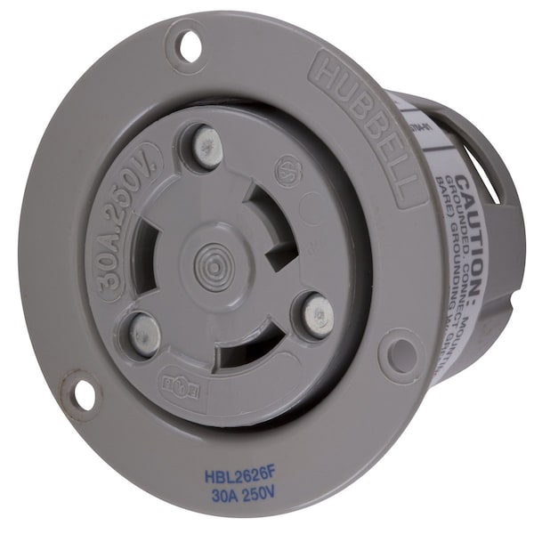 Hubbell Wiring Device-Kellems Locking Devices, Twist-Lock®, Insulgrip® Flanged Receptacle, 30A, 250V AC, 2 Pole, 3 Wire Grounding, NEMA L6-30R, Heat stabilized, Gray Nylon - HBL2626F