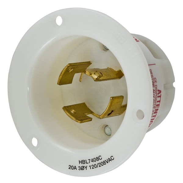Hubbell Wiring Device-Kellems Locking Devices, Twist-Lock®, Industrial, Flanged Inlet, 20A 3-Phase Wye 120/208V AC, 4-Pole 4-Wire Non-Grounding, Non-NEMA, Screw Terminal, White - HBL7408C